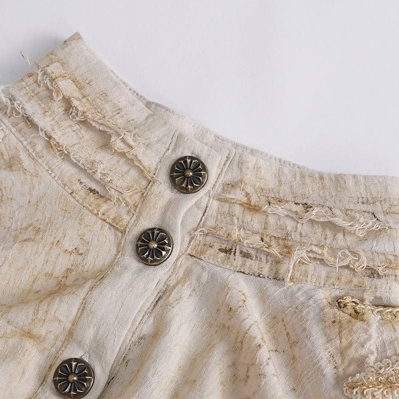 DEVIL FASHION Women's Steampunk Stand Collar Puff Sleeved Beige Shirt