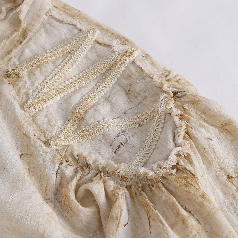 DEVIL FASHION Women's Steampunk Stand Collar Puff Sleeved Beige Shirt