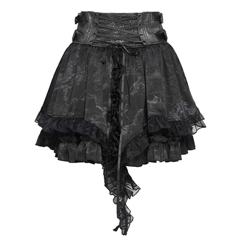 DEVILFASHION Women's Gothic Buckle-up Printed Ruffled Short Skirt