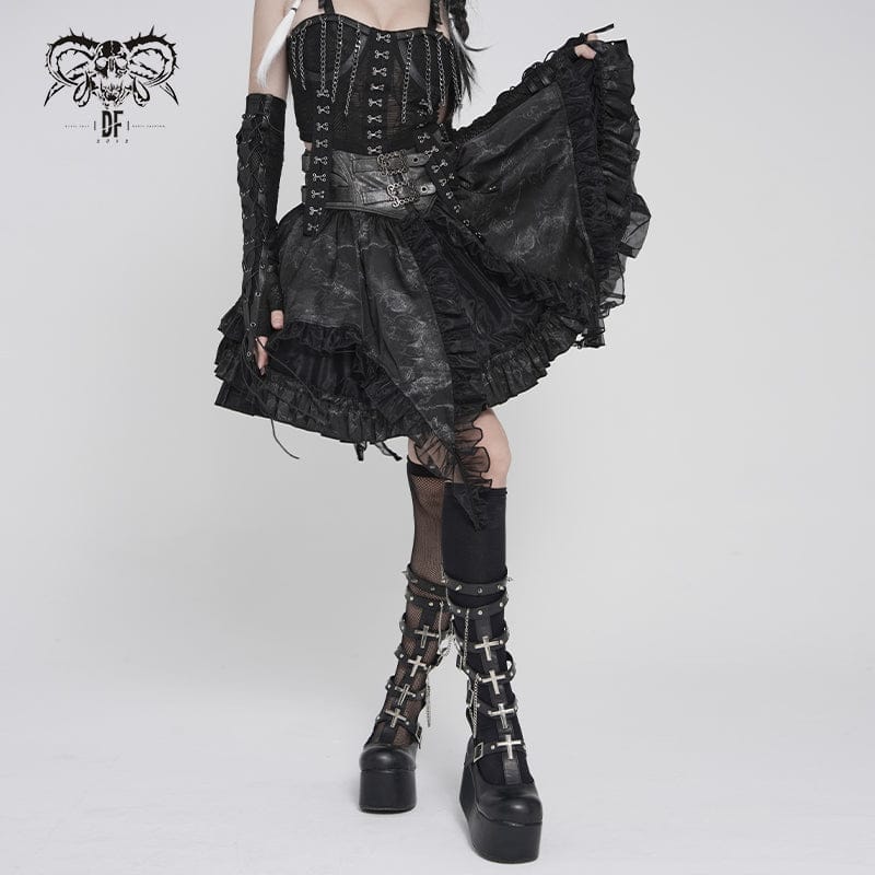 DEVILFASHION Women's Gothic Buckle-up Printed Ruffled Short Skirt