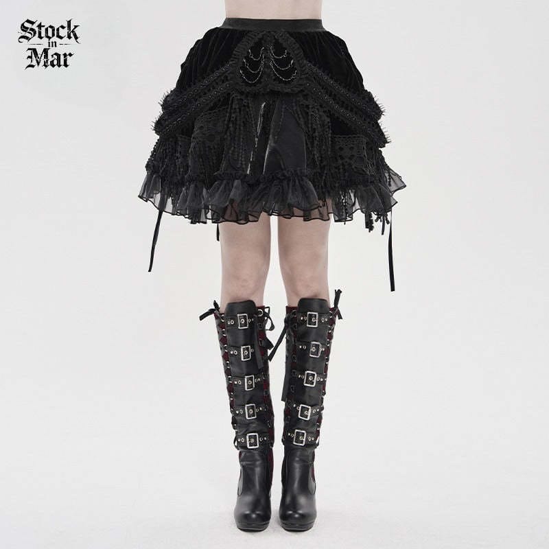 DEVILFASHION Women's Gothic Chained Tassels Layered Short Skirt Black