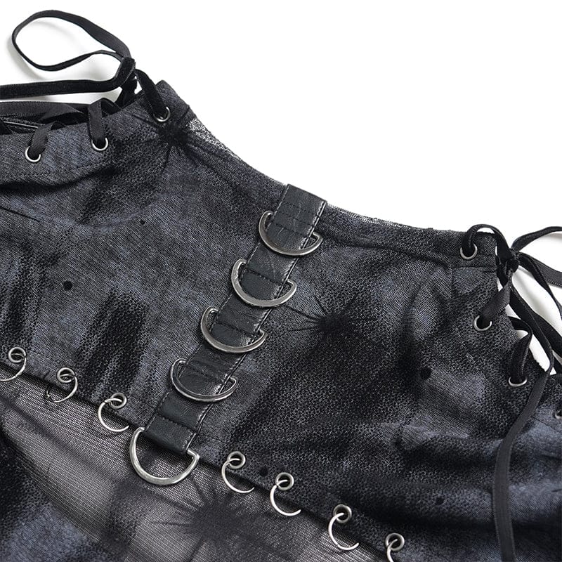 DEVILFASHION Women's Punk Asymmetric Cutout Printed Long Sleeved Shirt