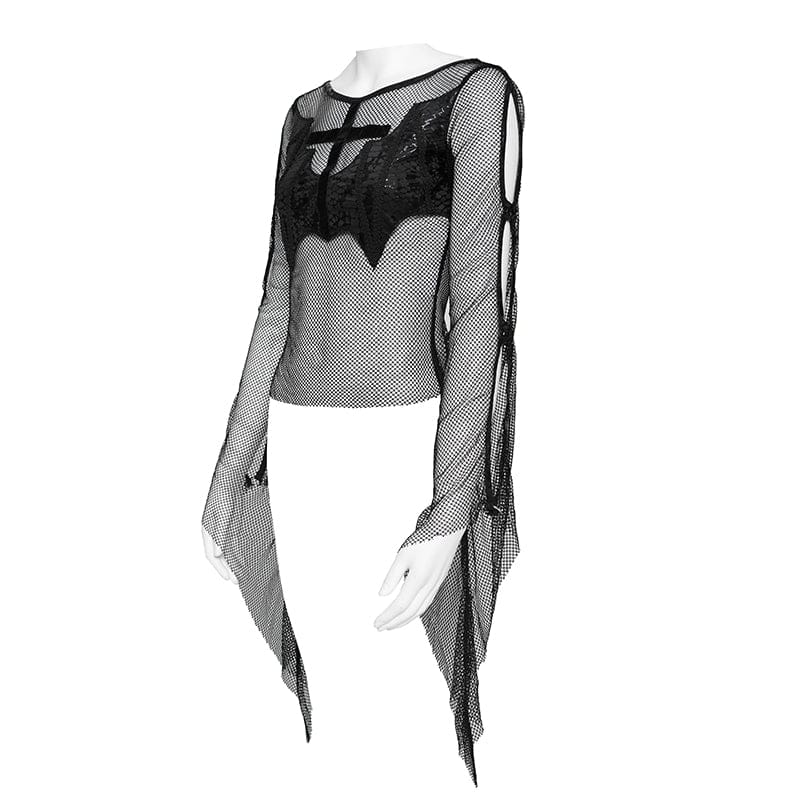 DEVILFASHION Women's Punk Bat Cross Mesh Top