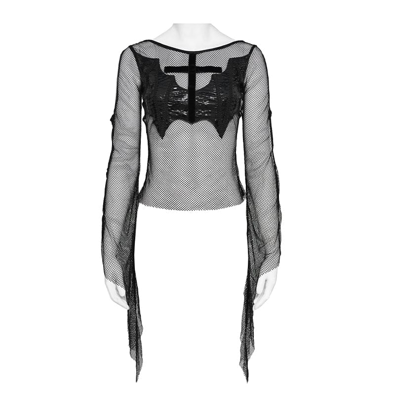 DEVILFASHION Women's Punk Bat Cross Mesh Top