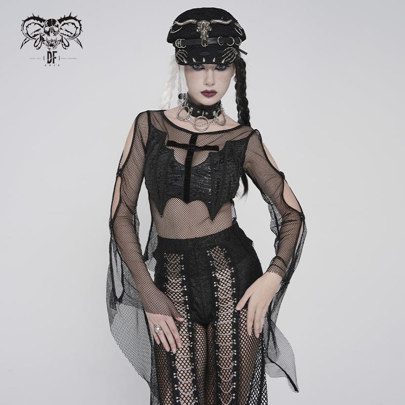 DEVILFASHION Women's Punk Bat Cross Mesh Top