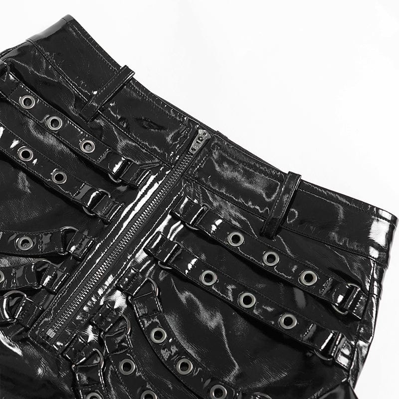 DEVILFASHION Women's Punk Eyelet Straps Zip Long Skirt