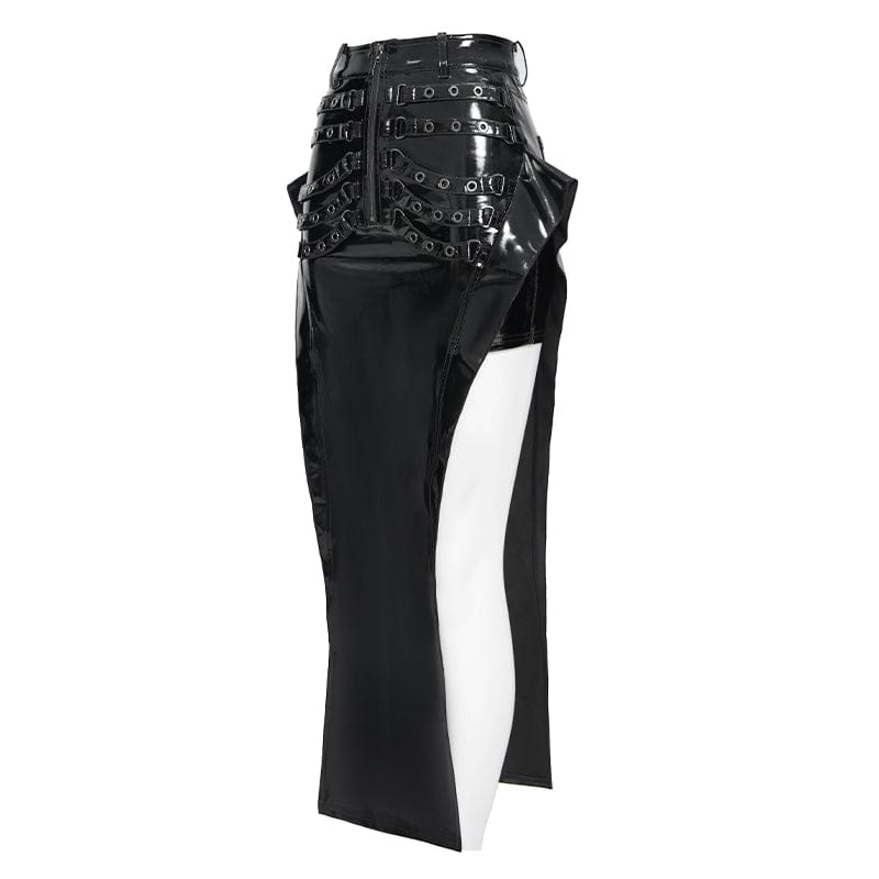 DEVILFASHION Women's Punk Eyelet Straps Zip Long Skirt