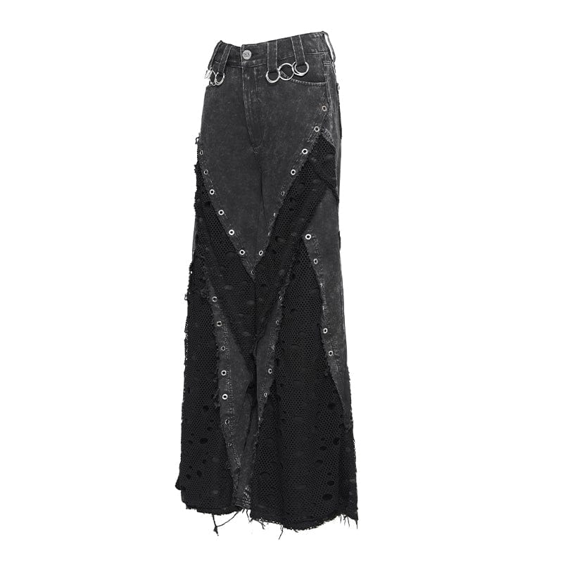 DEVILFASHION Women's Punk Eyelets Layered Ripped Pants