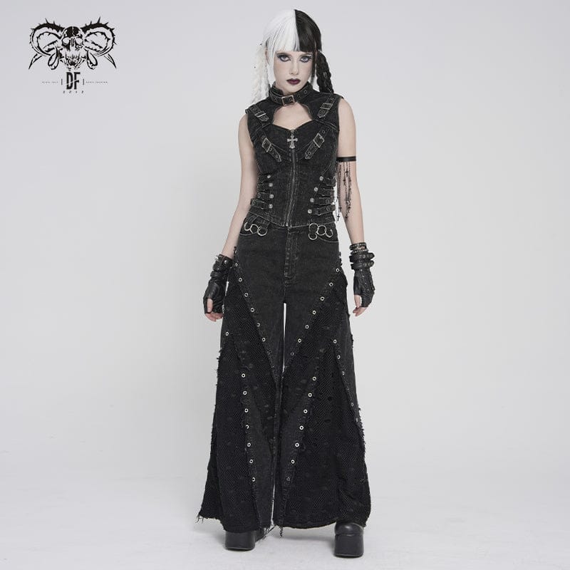 DEVILFASHION Women's Punk Eyelets Layered Ripped Pants