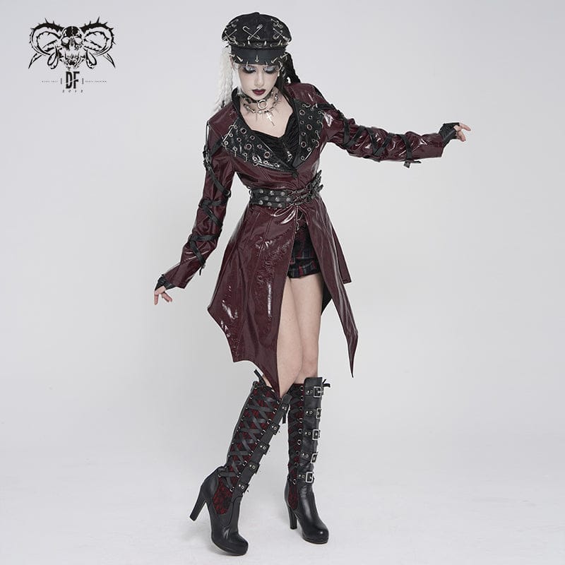 DEVILFASHION Women's Punk Irregular Eyelets & Rings Turn-down Collar Jacket Black-Red