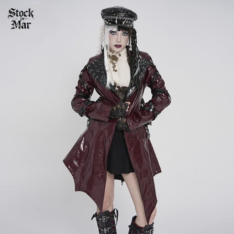 DEVILFASHION Women's Punk Irregular Eyelets & Rings Turn-down Collar Jacket Black-Red