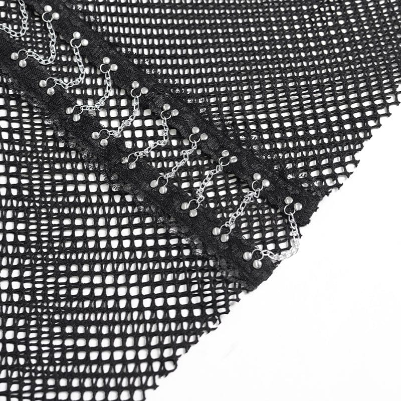 DEVILFASHION Women's Punk Rivets Chained Mesh Pants