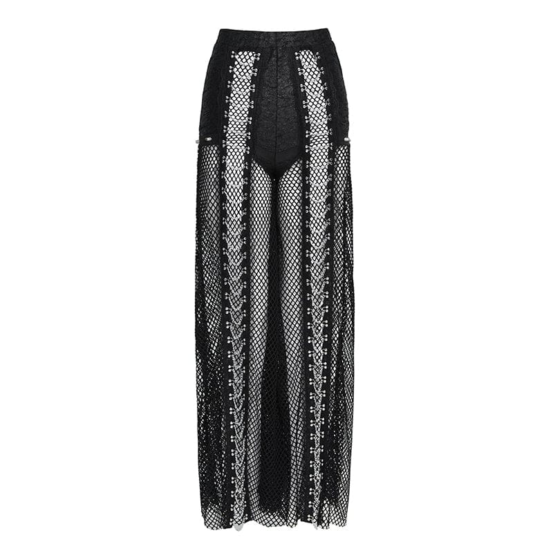 DEVILFASHION Women's Punk Rivets Chained Mesh Pants