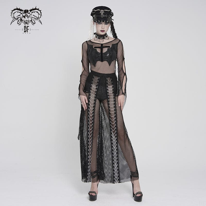 DEVILFASHION Women's Punk Rivets Chained Mesh Pants