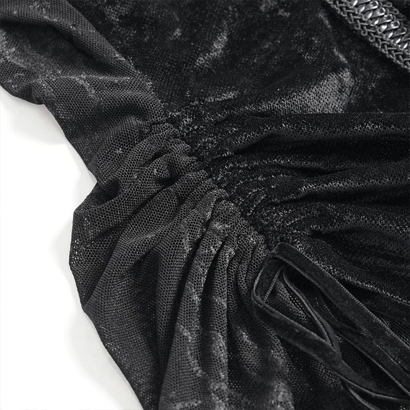 DEVILFASHION Women's Punk Studded Chained Drawstring Short Sleeved Shirt