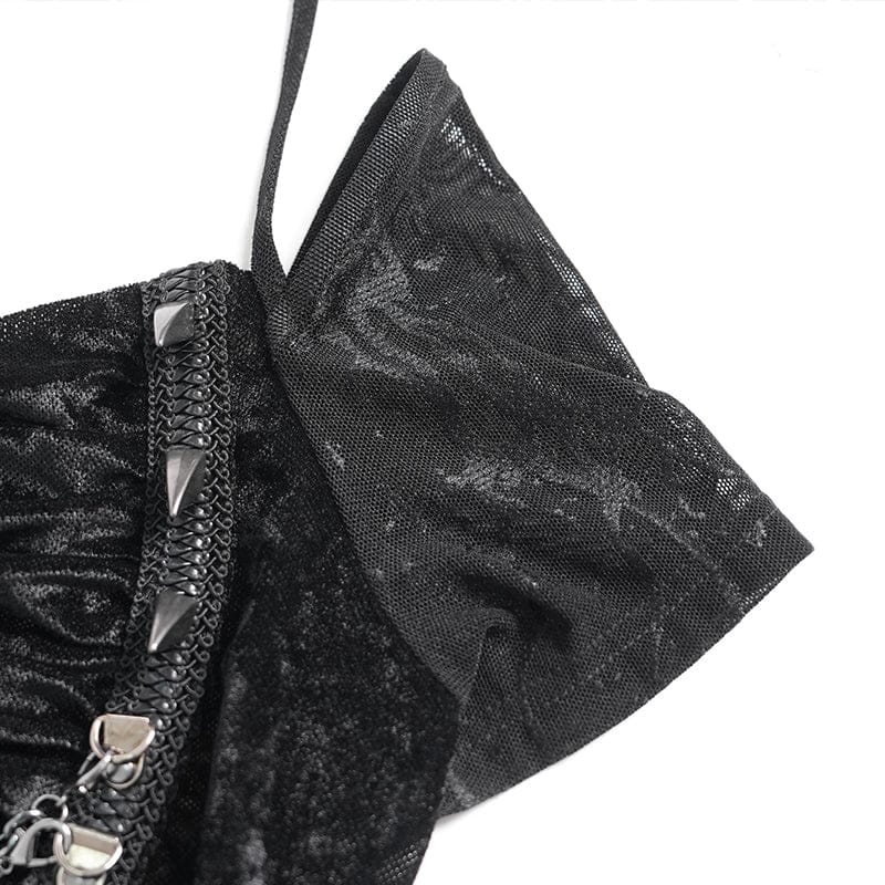 DEVILFASHION Women's Punk Studded Chained Drawstring Short Sleeved Shirt