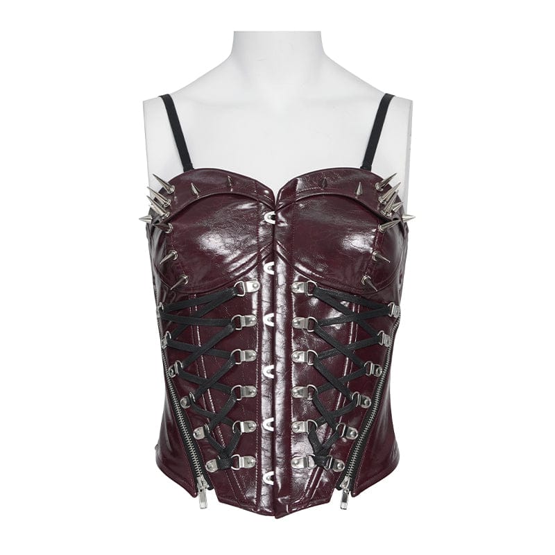 DEVILFASHION Women's Punk Studded Zip Lace-up Overbust Corset Red