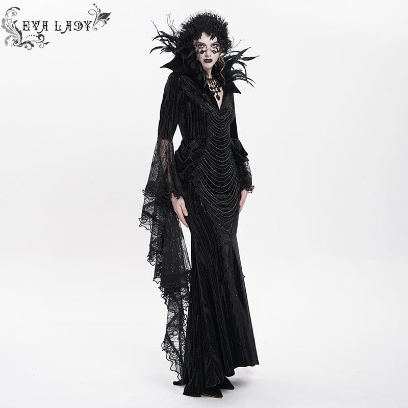 EVA LADY Women's Custom-made Gothic Feather Chain Plunging Long Sleeved Gown