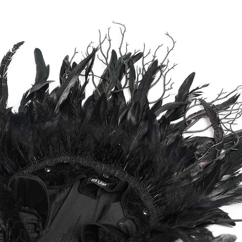 EVA LADY Women's Custom-made Gothic Feather Chain Plunging Long Sleeved Gown