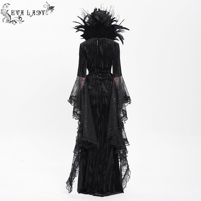 EVA LADY Women's Custom-made Gothic Feather Chain Plunging Long Sleeved Gown