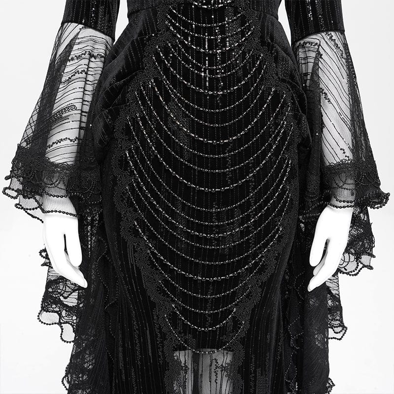 EVA LADY Women's Custom-made Gothic Feather Chain Plunging Long Sleeved Gown