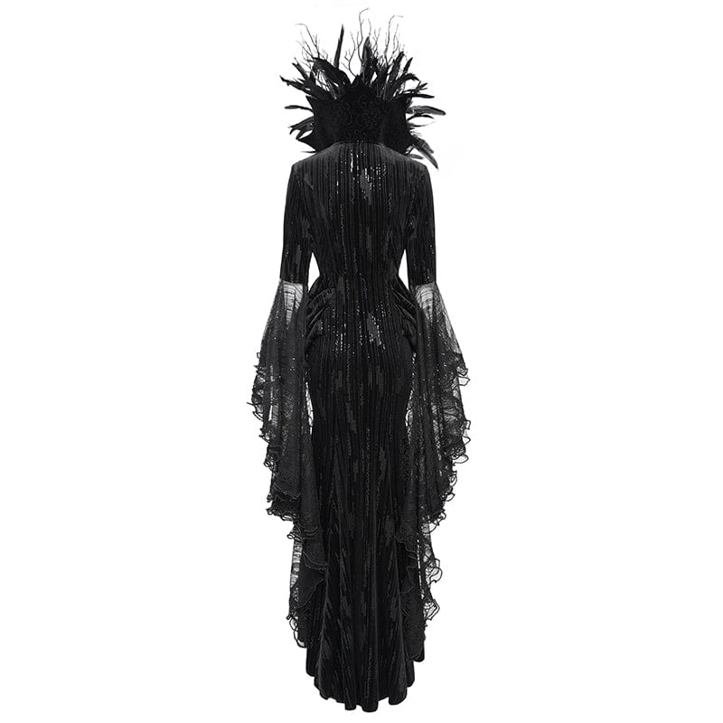 EVA LADY Women's Custom-made Gothic Feather Chain Plunging Long Sleeved Gown