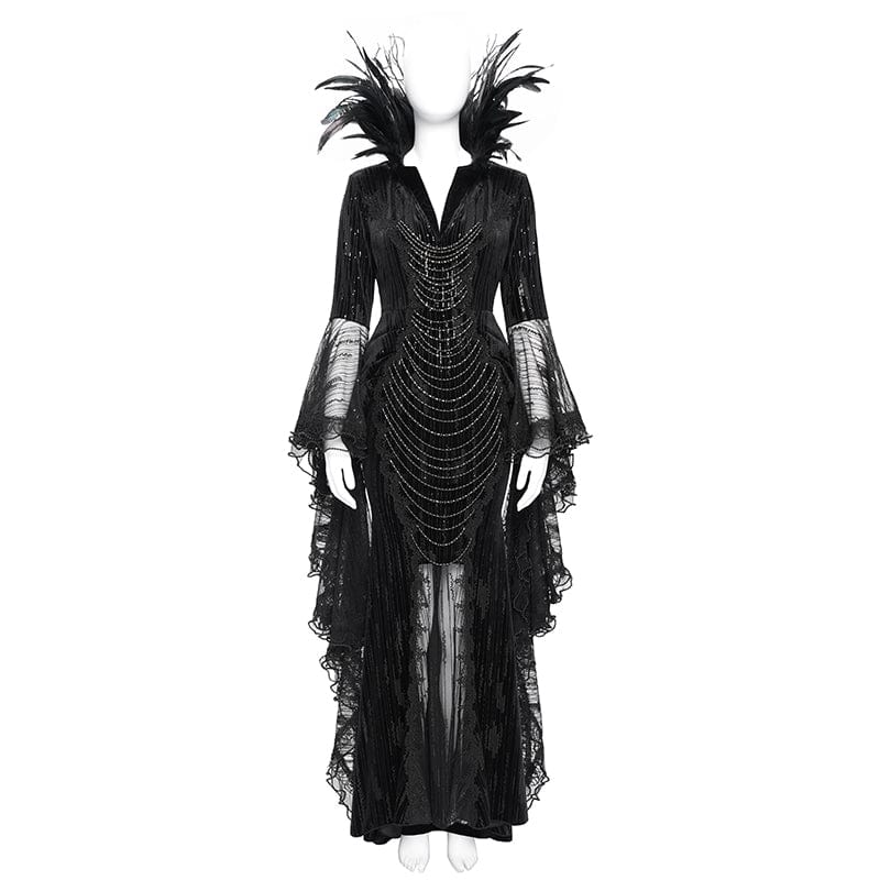 EVA LADY Women's Custom-made Gothic Feather Chain Plunging Long Sleeved Gown