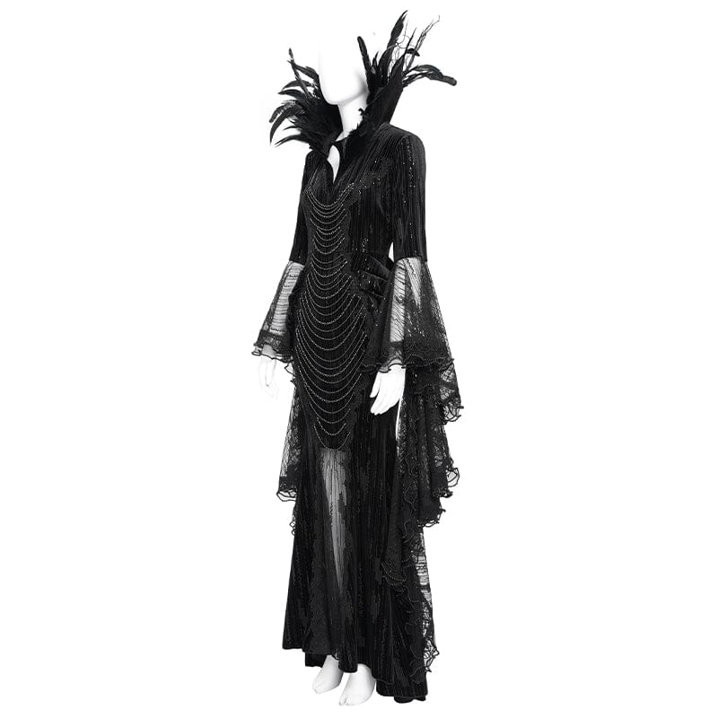 EVA LADY Women's Custom-made Gothic Feather Chain Plunging Long Sleeved Gown