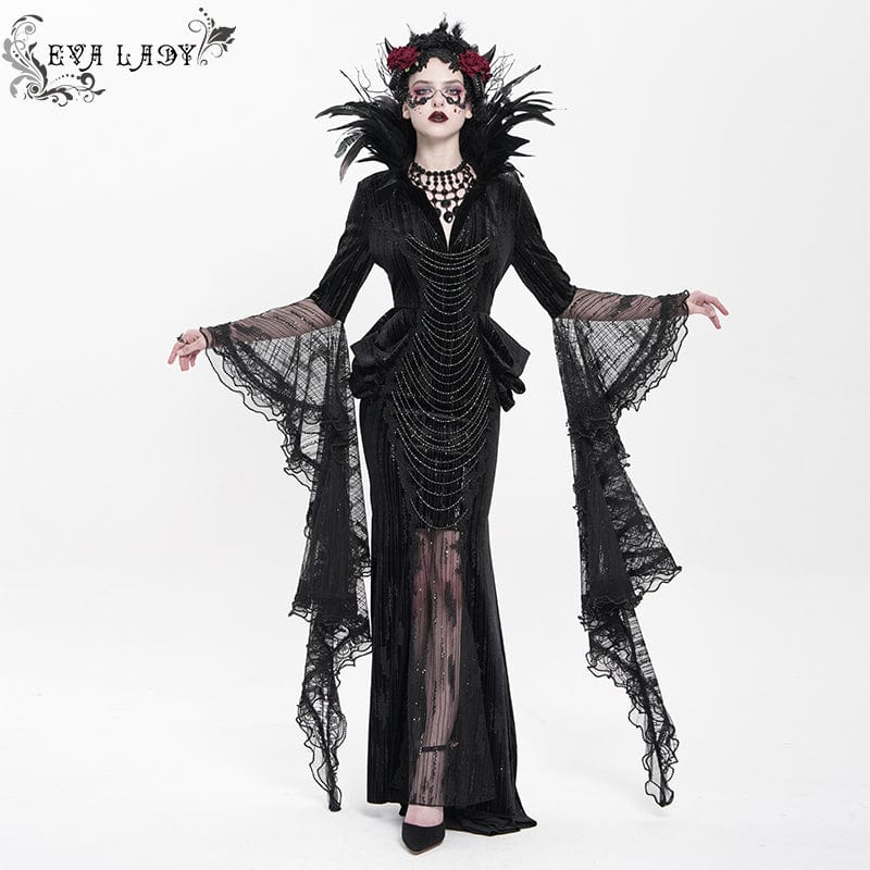 EVA LADY Women's Custom-made Gothic Feather Chain Plunging Long Sleeved Gown