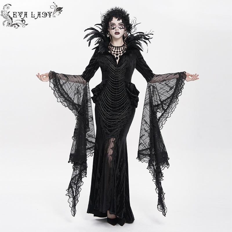 EVA LADY Women's Custom-made Gothic Feather Chain Plunging Long Sleeved Gown