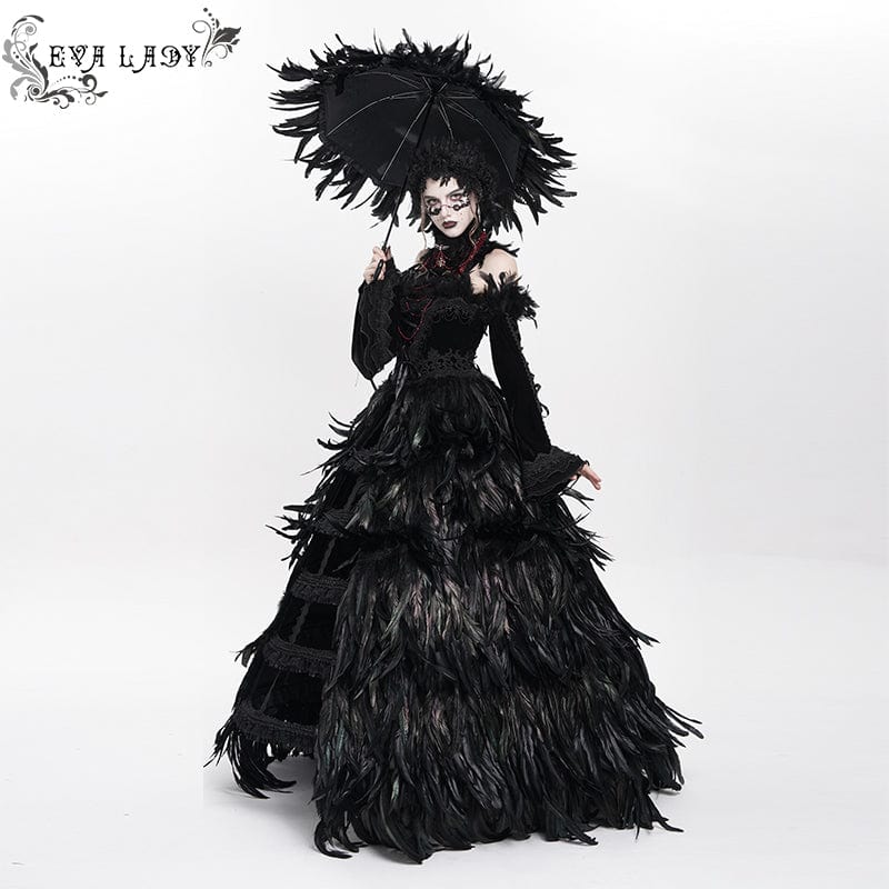 EVA LADY Women's Custom-made Gothic Lace-up Feather Slip Gown with Neckpiece & Sleeves