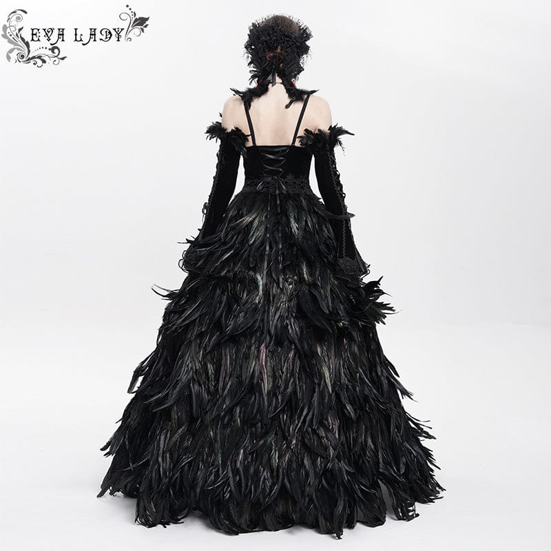 EVA LADY Women's Custom-made Gothic Lace-up Feather Slip Gown with Neckpiece & Sleeves