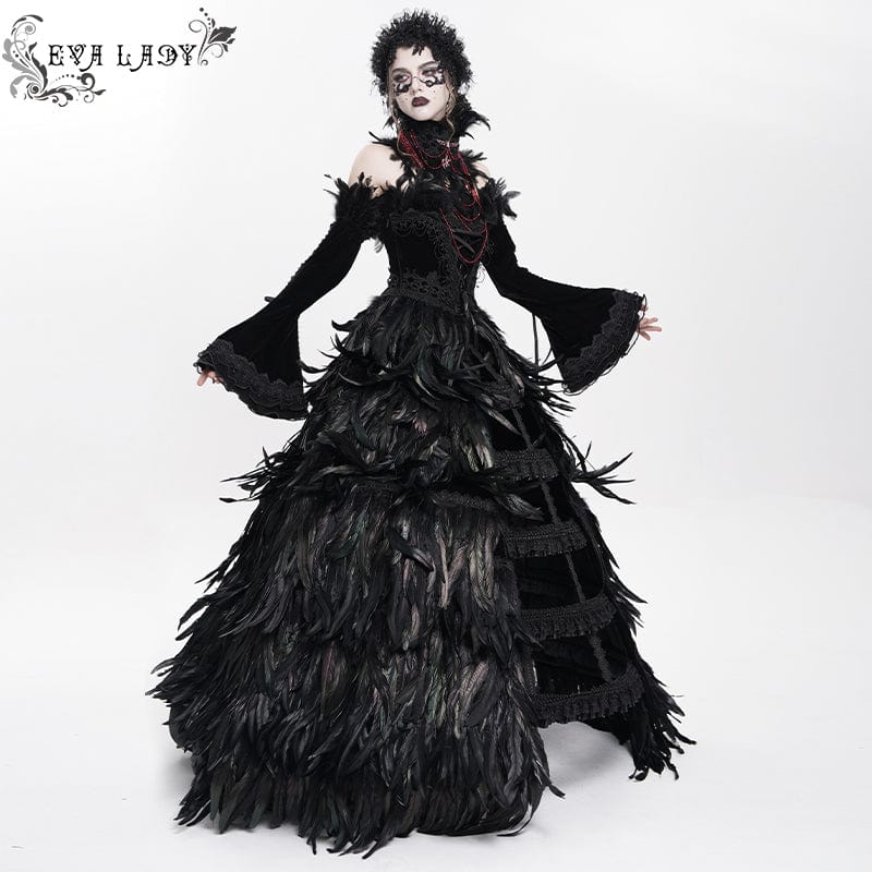 EVA LADY Women's Custom-made Gothic Lace-up Feather Slip Gown with Neckpiece & Sleeves