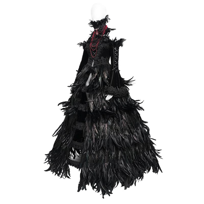 EVA LADY Women's Custom-made Gothic Lace-up Feather Slip Gown with Neckpiece & Sleeves