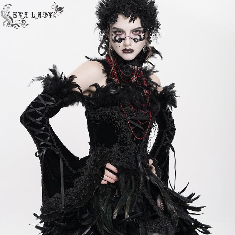 EVA LADY Women's Custom-made Gothic Lace-up Feather Slip Gown with Neckpiece & Sleeves