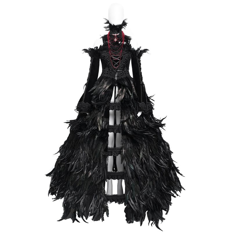EVA LADY Women's Custom-made Gothic Lace-up Feather Slip Gown with Neckpiece & Sleeves