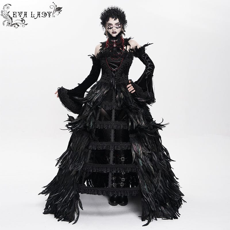 EVA LADY Women's Custom-made Gothic Lace-up Feather Slip Gown with Neckpiece & Sleeves