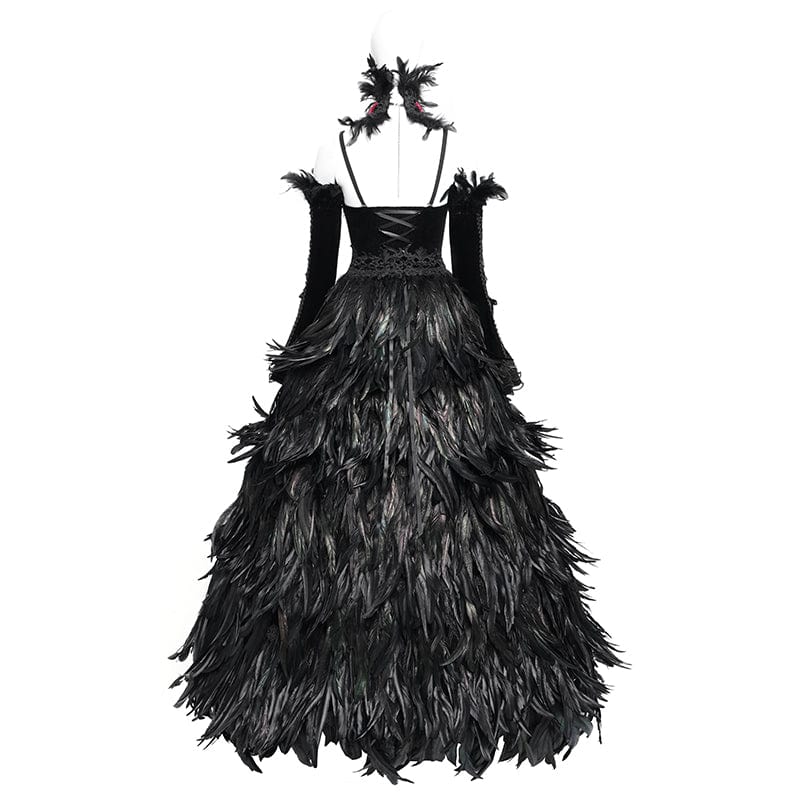 EVA LADY Women's Custom-made Gothic Lace-up Feather Slip Gown with Neckpiece & Sleeves