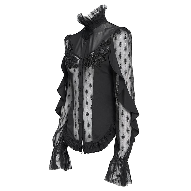 EVA LADY Women's Goth Floral Lace Sheer Shirt