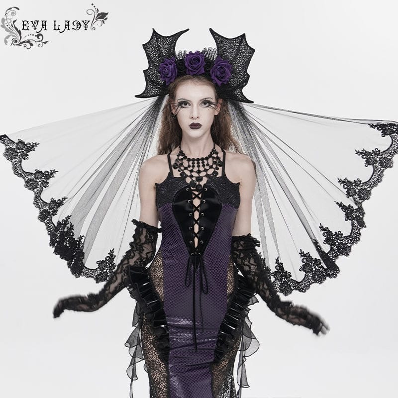 EVA LADY Women's Gothic Bat Wing Rose Mesh Headwear