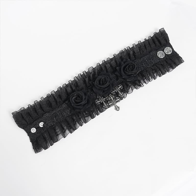 EVA LADY Women's Gothic Cross Rose Ruffled Lace Mesh Neck Collar Black