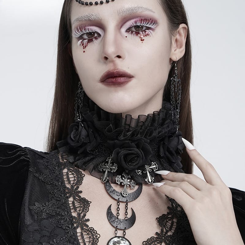 EVA LADY Women's Gothic Cross Rose Ruffled Lace Mesh Neck Collar Black