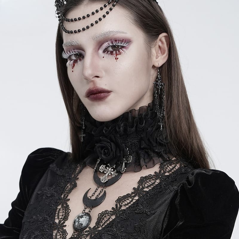 EVA LADY Women's Gothic Cross Rose Ruffled Lace Mesh Neck Collar Black