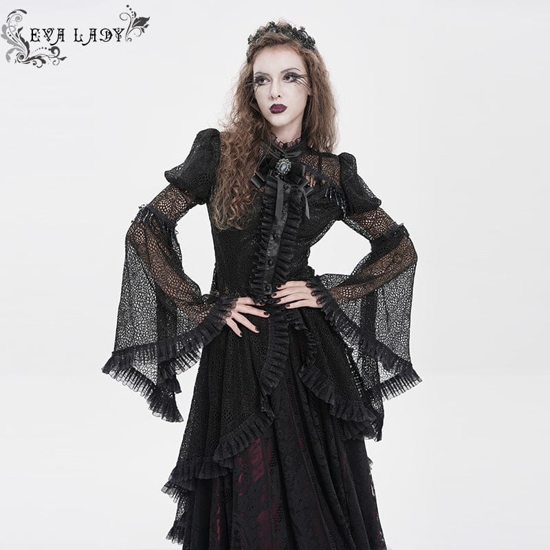 EVA LADY Women's Gothic Cutout Beaded Flared Sleeved Shirt Black