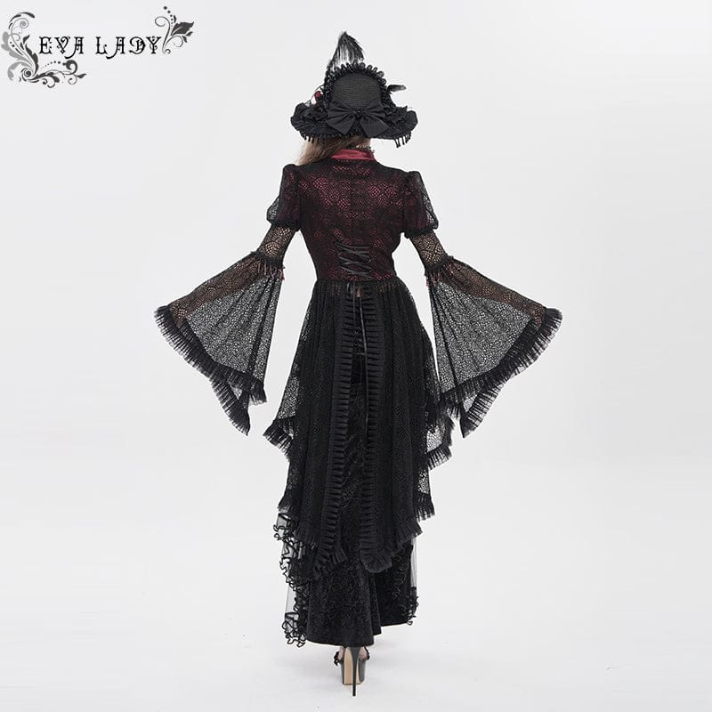 EVA LADY Women's Gothic Cutout Beaded Flared Sleeved Shirt Black-Red