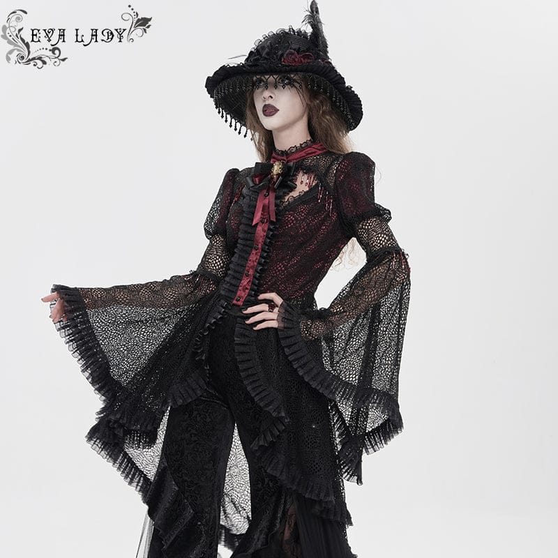EVA LADY Women's Gothic Cutout Beaded Flared Sleeved Shirt Black-Red