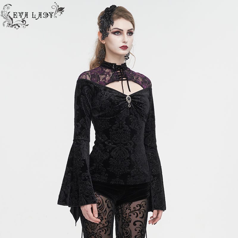 EVA LADY Women's Gothic Cutout Flared Sleeved Floral Embossed Shirt