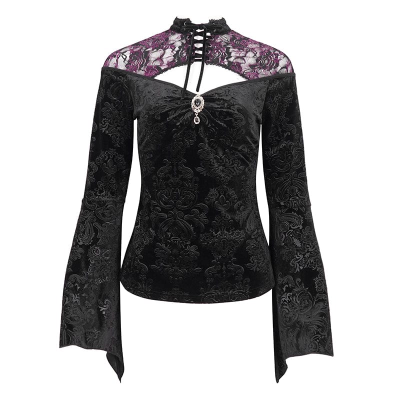 EVA LADY Women's Gothic Cutout Flared Sleeved Floral Embossed Shirt