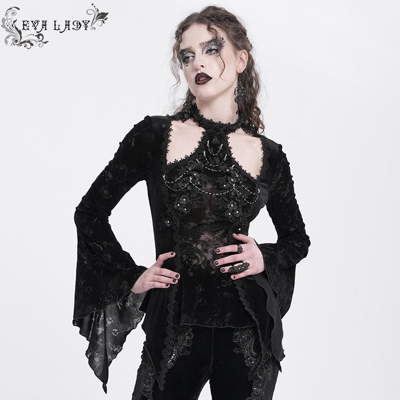 EVA LADY Women's Gothic Cutout Flared Sleeved Velvet Shirt Black