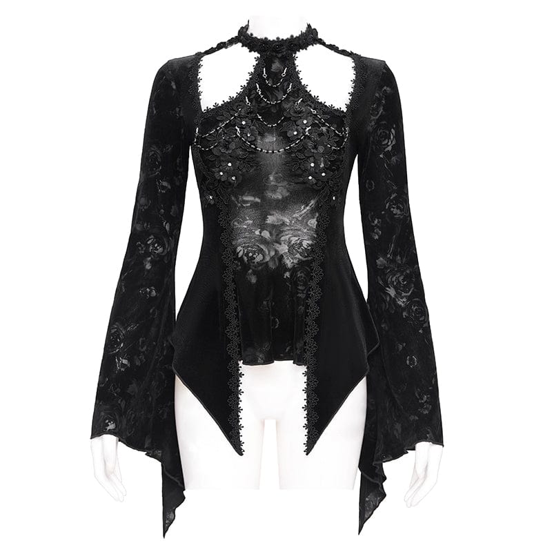 EVA LADY Women's Gothic Cutout Flared Sleeved Velvet Shirt Black